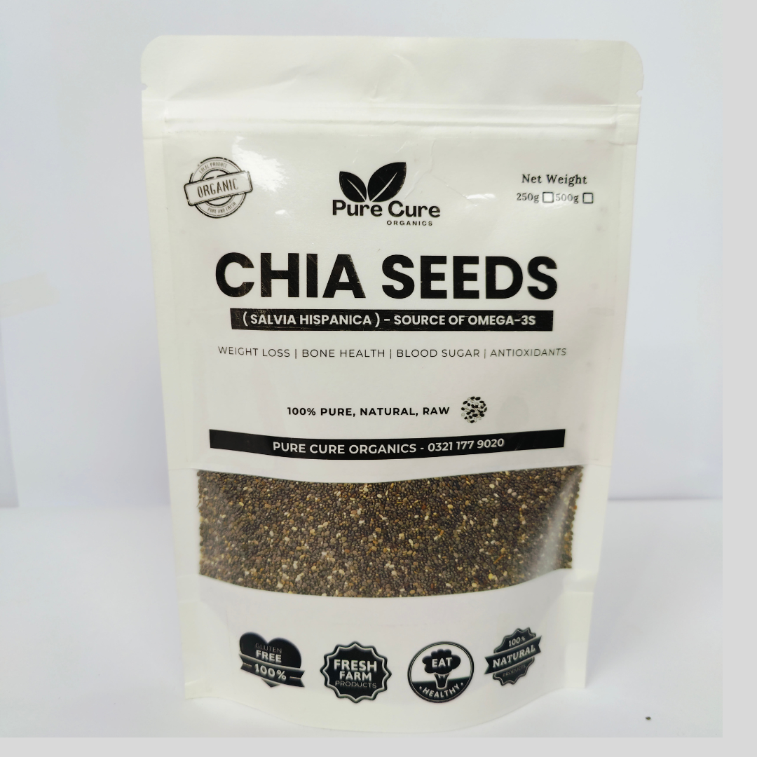 Pure Cure Organics Chia Seeds – 250g, 500g & 1000g | Certified Organic, High-Fiber & Protein-Rich Seeds